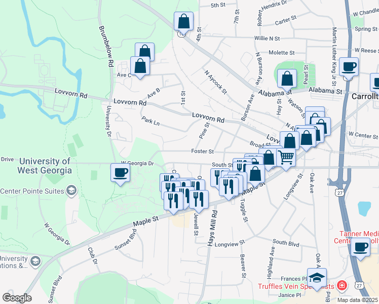 map of restaurants, bars, coffee shops, grocery stores, and more near 304 Foster Street in Carrollton