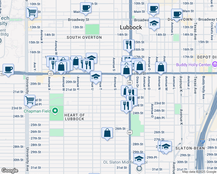 map of restaurants, bars, coffee shops, grocery stores, and more near 1916 21st Street in Lubbock