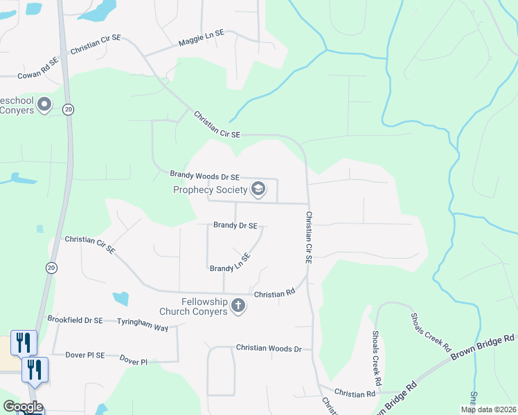 map of restaurants, bars, coffee shops, grocery stores, and more near 1799 Brandy Woods Trail Southeast in Conyers