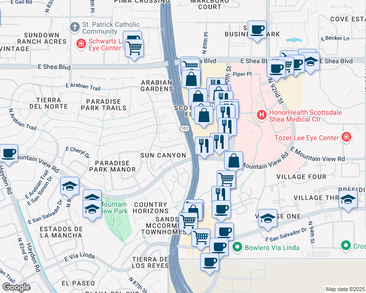 map of restaurants, bars, coffee shops, grocery stores, and more near 1069 East Apartment in Scottsdale