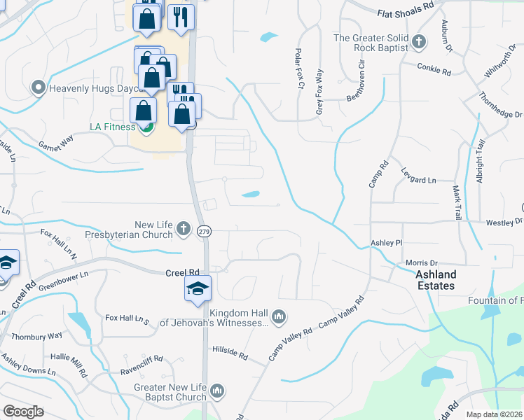 map of restaurants, bars, coffee shops, grocery stores, and more near 6563 Splitpine Court in Atlanta