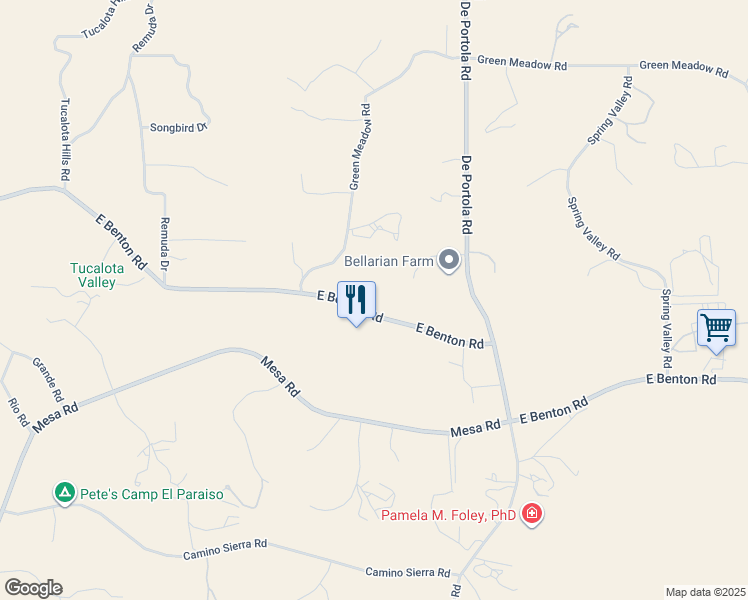 map of restaurants, bars, coffee shops, grocery stores, and more near 38766 East Benton Road in Temecula