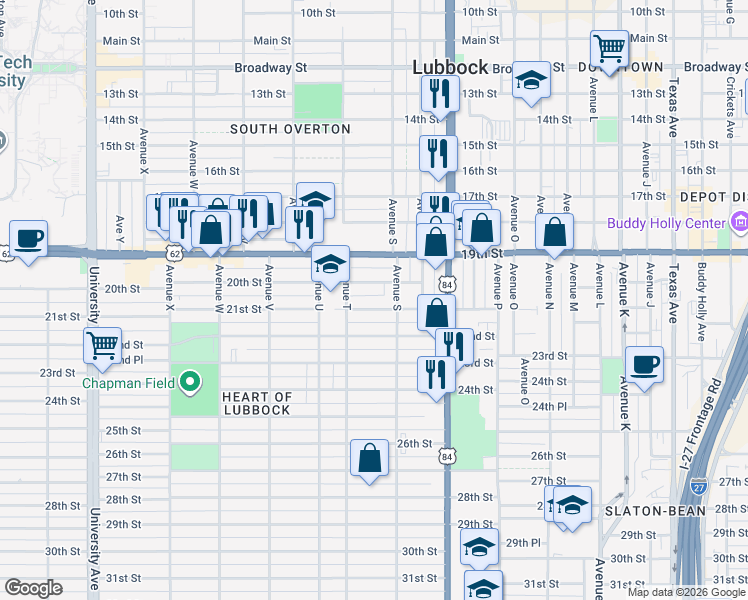 map of restaurants, bars, coffee shops, grocery stores, and more near 1916 21st Street in Lubbock