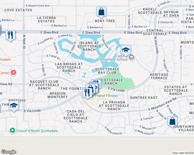 map of restaurants, bars, coffee shops, grocery stores, and more near 40080 East Mountain View Road in Scottsdale