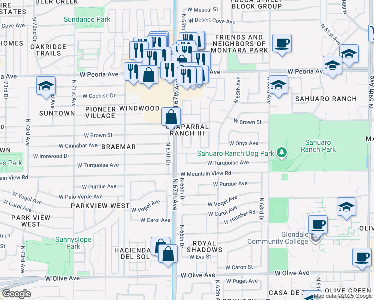 map of restaurants, bars, coffee shops, grocery stores, and more near 6614 West Ironwood Drive in Glendale