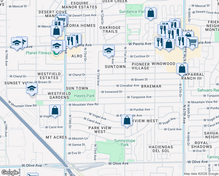 map of restaurants, bars, coffee shops, grocery stores, and more near 7202 West Ironwood Drive in Peoria