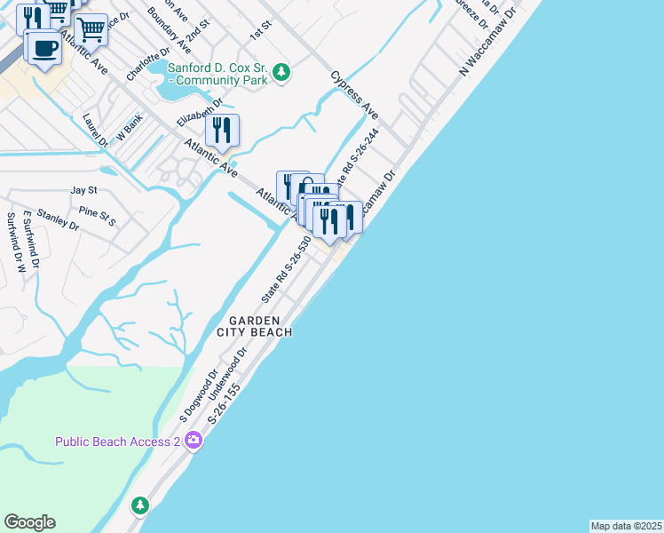 map of restaurants, bars, coffee shops, grocery stores, and more near 204 South Waccamaw Drive in Murrells Inlet