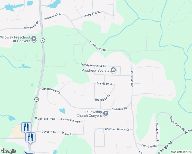 map of restaurants, bars, coffee shops, grocery stores, and more near 1879 Brandy Woods Trail Southeast in Conyers