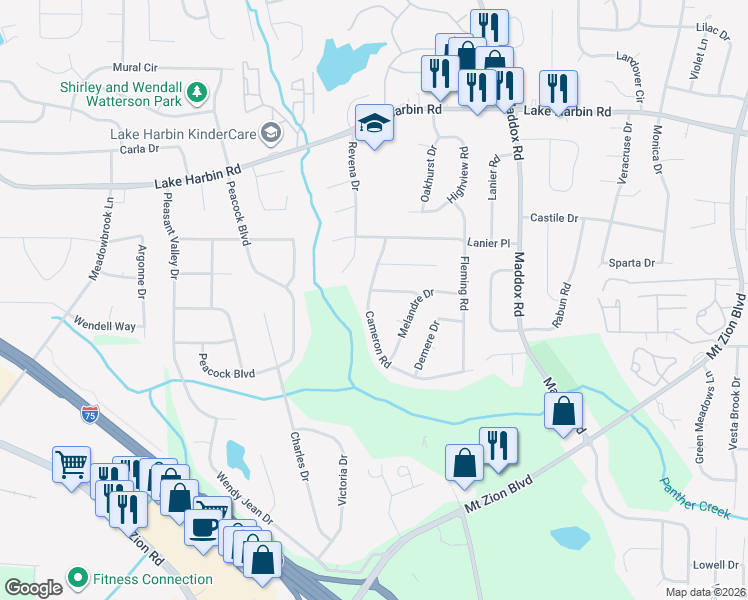 map of restaurants, bars, coffee shops, grocery stores, and more near 6544 Cameron Road in Morrow