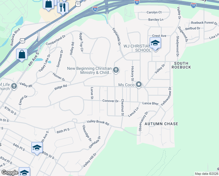 map of restaurants, bars, coffee shops, grocery stores, and more near 521 Maple Street in Birmingham