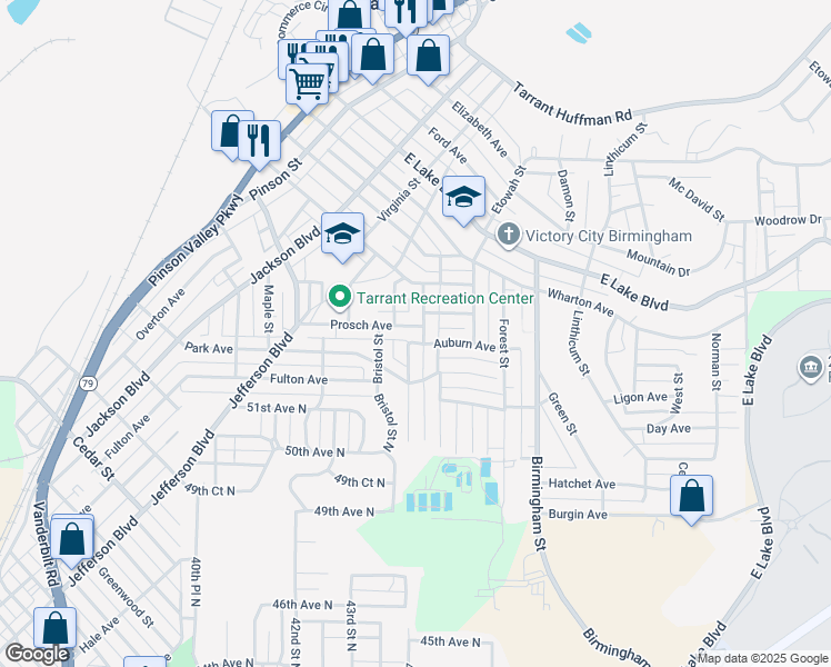 map of restaurants, bars, coffee shops, grocery stores, and more near 1160 Westley Street in Birmingham
