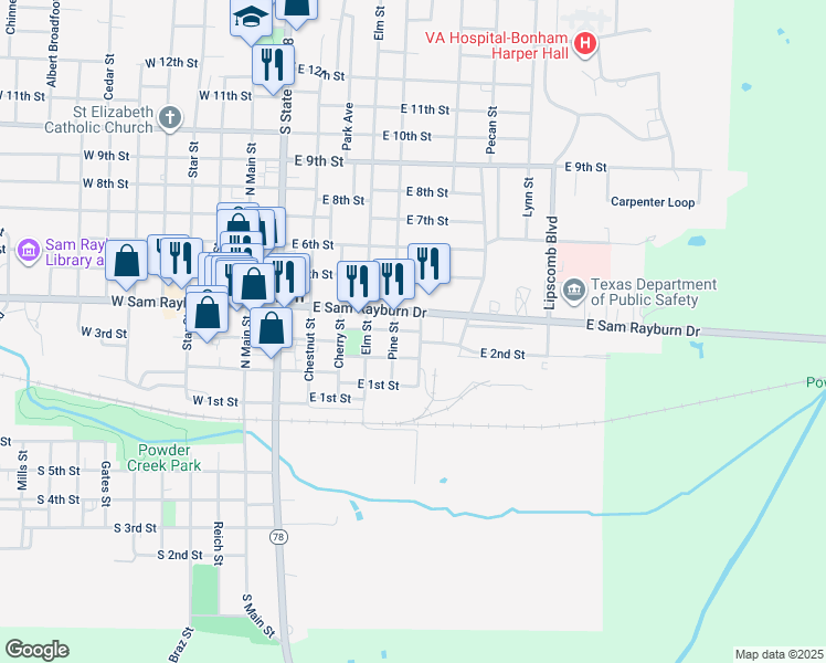 map of restaurants, bars, coffee shops, grocery stores, and more near 701 East 3rd Street in Bonham