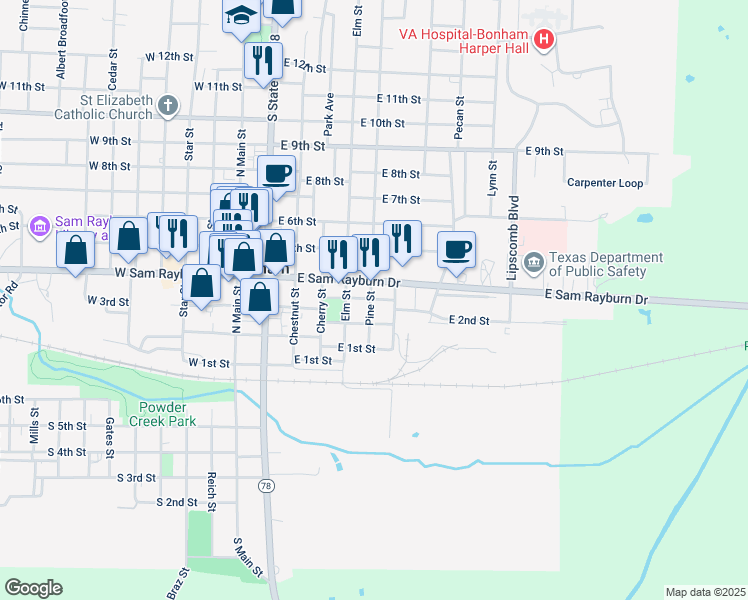 map of restaurants, bars, coffee shops, grocery stores, and more near 514 East 3rd Street in Bonham