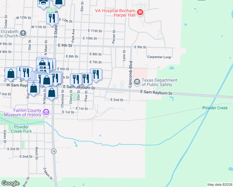 map of restaurants, bars, coffee shops, grocery stores, and more near 904 East 3rd Street in Bonham