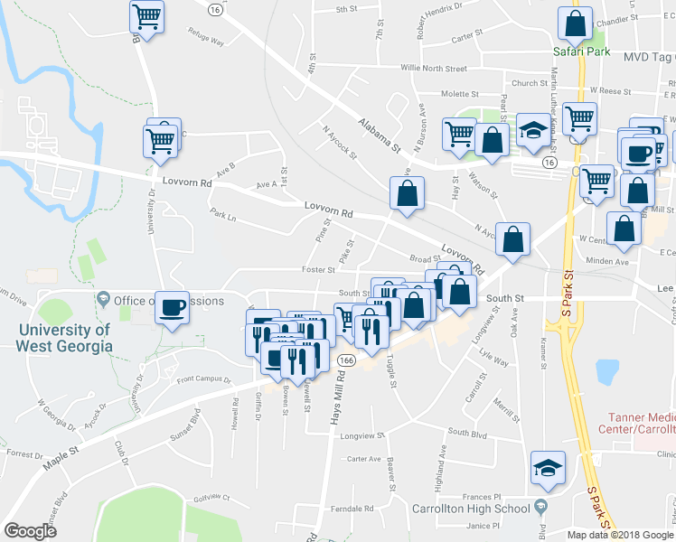 map of restaurants, bars, coffee shops, grocery stores, and more near Foster Street in Carrollton