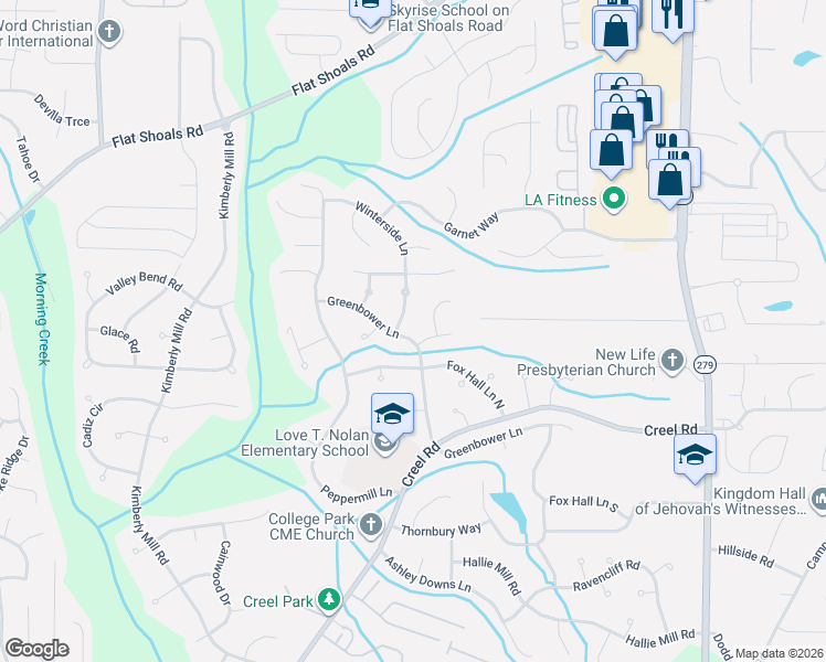 map of restaurants, bars, coffee shops, grocery stores, and more near 6570 Greenbower Lane in College Park