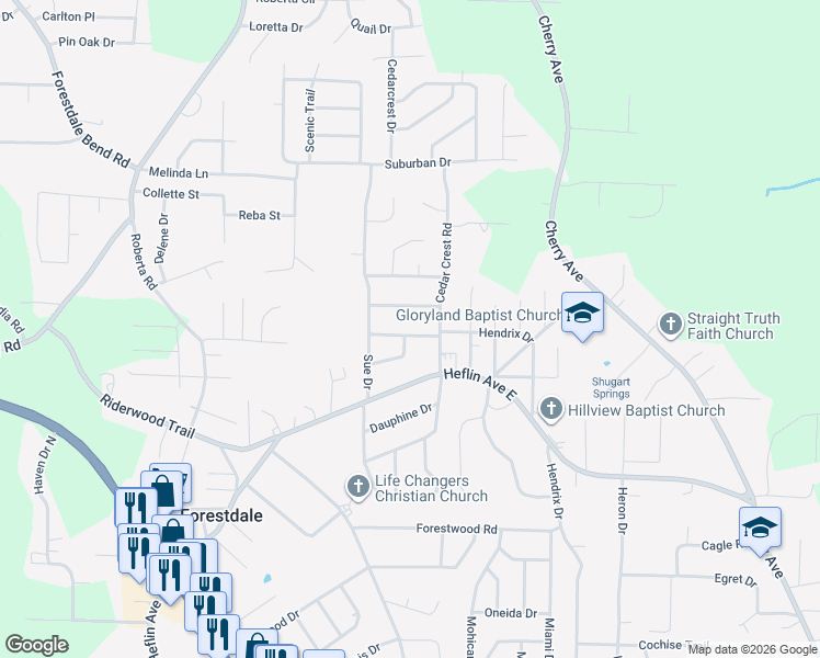 map of restaurants, bars, coffee shops, grocery stores, and more near 716 Comanche Lane in Birmingham