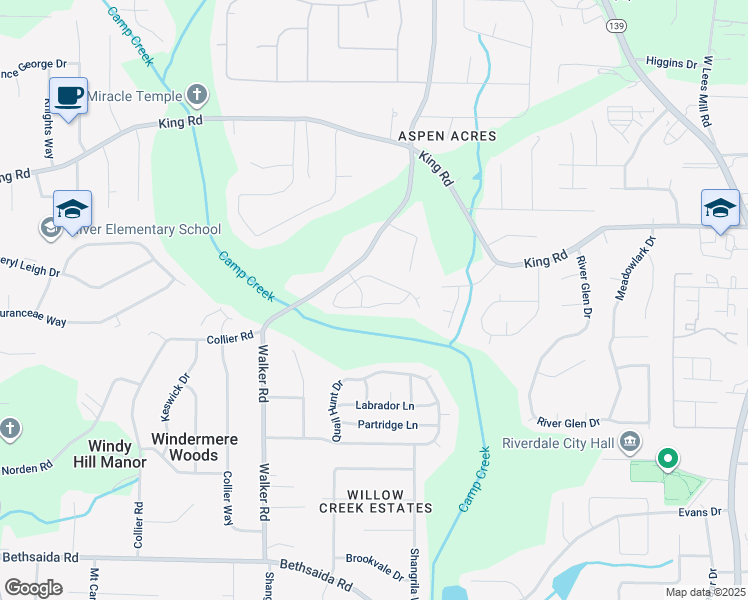 map of restaurants, bars, coffee shops, grocery stores, and more near 6544 Walker Estates Drive in Riverdale