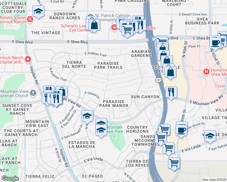 map of restaurants, bars, coffee shops, grocery stores, and more near 8527 East Clydesdale Trail in Scottsdale