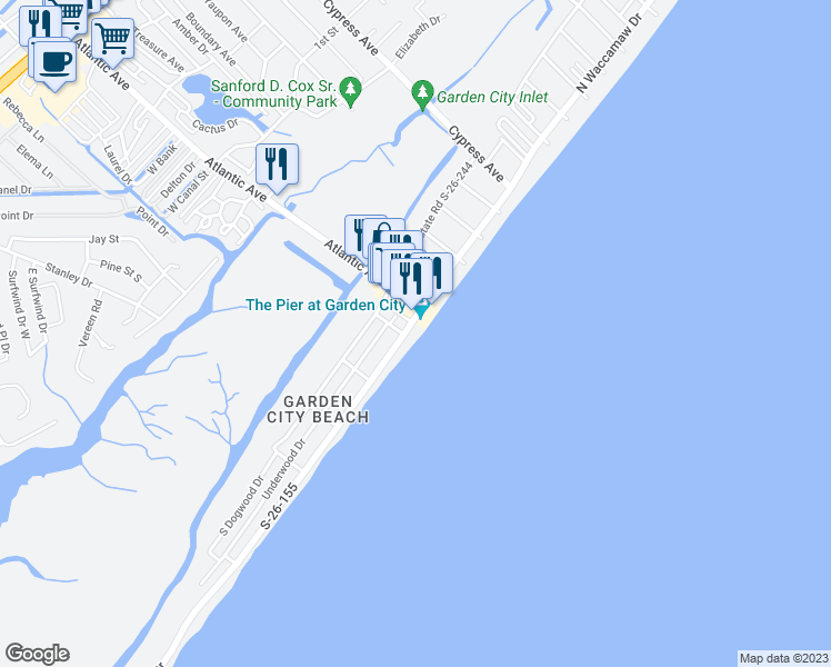 map of restaurants, bars, coffee shops, grocery stores, and more near 204 South Waccamaw Drive in Murrells Inlet