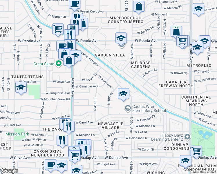 map of restaurants, bars, coffee shops, grocery stores, and more near 4009 West Beryl Avenue in Phoenix