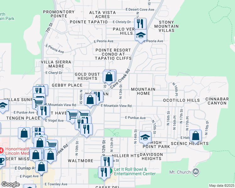 map of restaurants, bars, coffee shops, grocery stores, and more near 1247 East Cinnabar Avenue in Phoenix