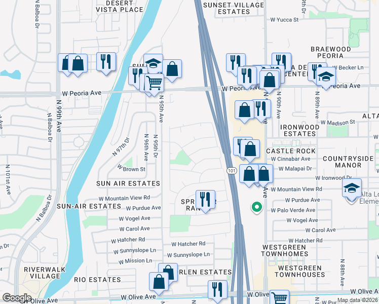 map of restaurants, bars, coffee shops, grocery stores, and more near 9336 West Gold Dust Avenue in Peoria