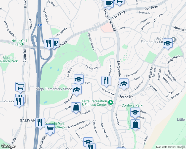 map of restaurants, bars, coffee shops, grocery stores, and more near 26635 Guadiana in Mission Viejo