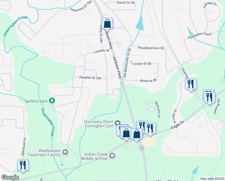 map of restaurants, bars, coffee shops, grocery stores, and more near 8152 Misty Lane Southwest in Covington