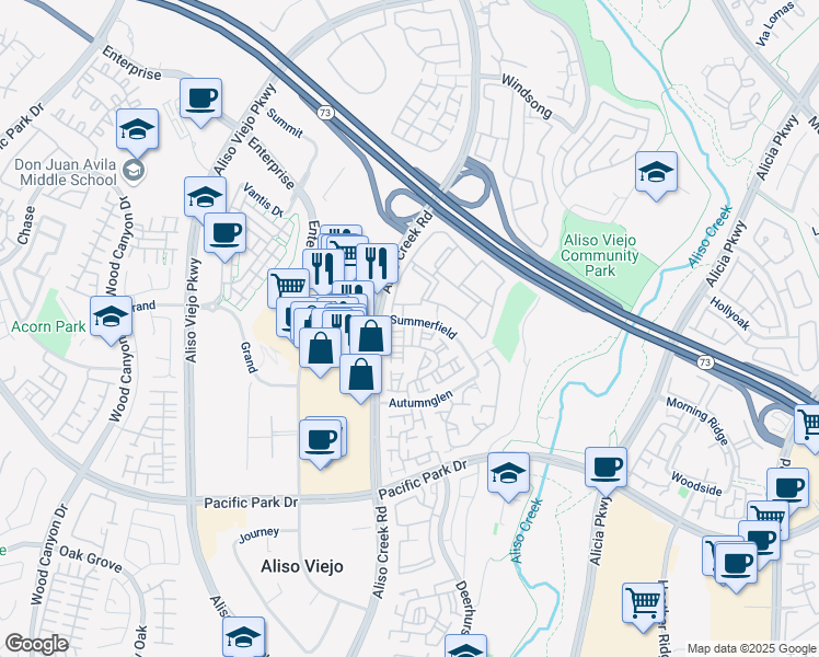 map of restaurants, bars, coffee shops, grocery stores, and more near 19 Camomile Place in Aliso Viejo
