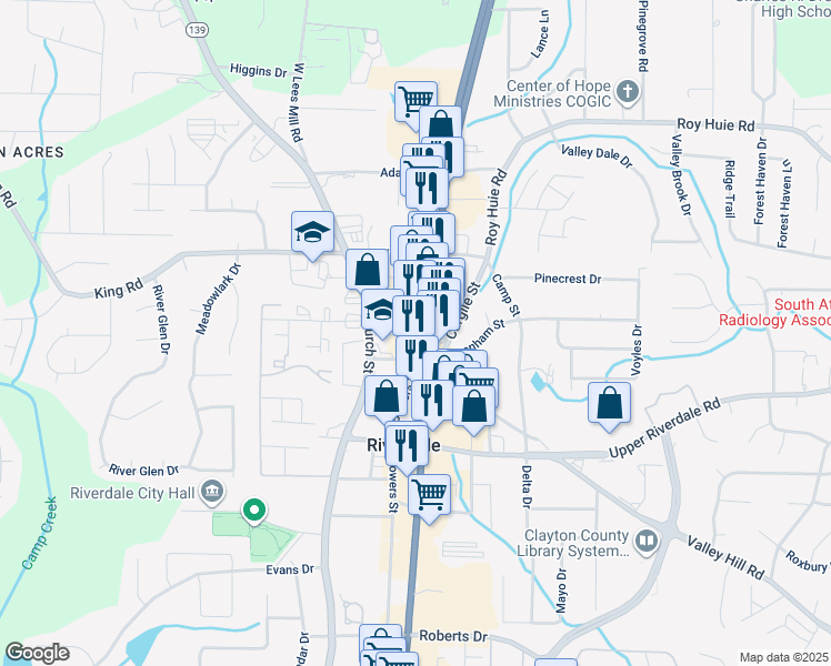 map of restaurants, bars, coffee shops, grocery stores, and more near 6541 Georgia 85 in Riverdale