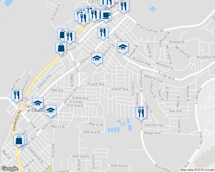 map of restaurants, bars, coffee shops, grocery stores, and more near 1389 Prosch Avenue in Birmingham