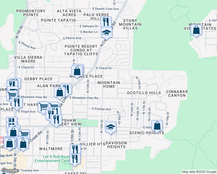map of restaurants, bars, coffee shops, grocery stores, and more near 1417 East Cinnabar Avenue in Phoenix