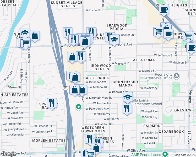 map of restaurants, bars, coffee shops, grocery stores, and more near 10101 North 91st Avenue in Peoria