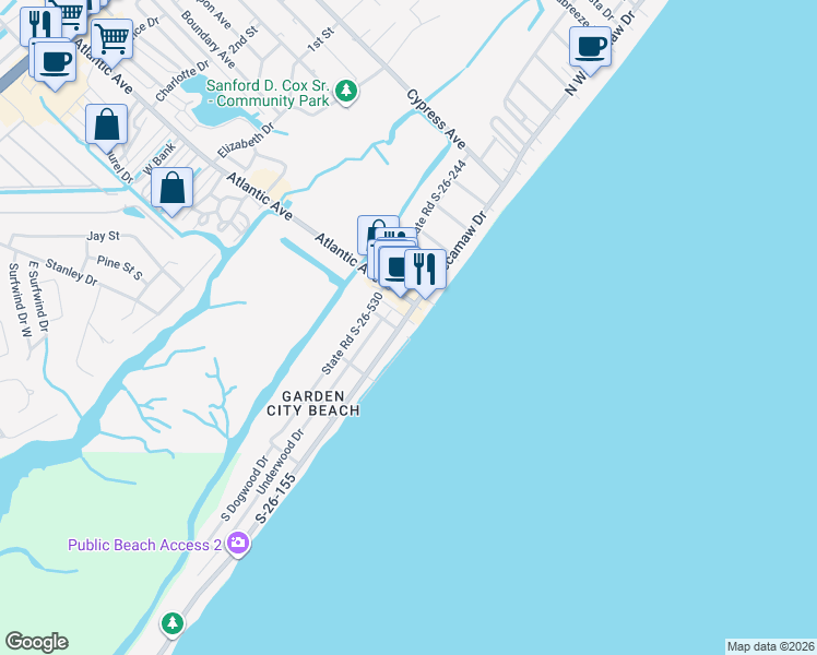 map of restaurants, bars, coffee shops, grocery stores, and more near 204 South Waccamaw Drive in Murrells Inlet