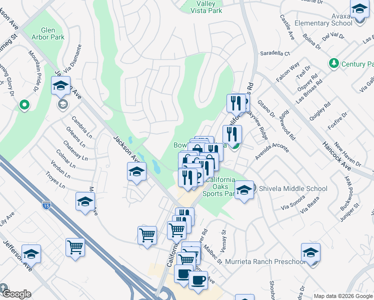 map of restaurants, bars, coffee shops, grocery stores, and more near 40581 Vía Amapola in Murrieta