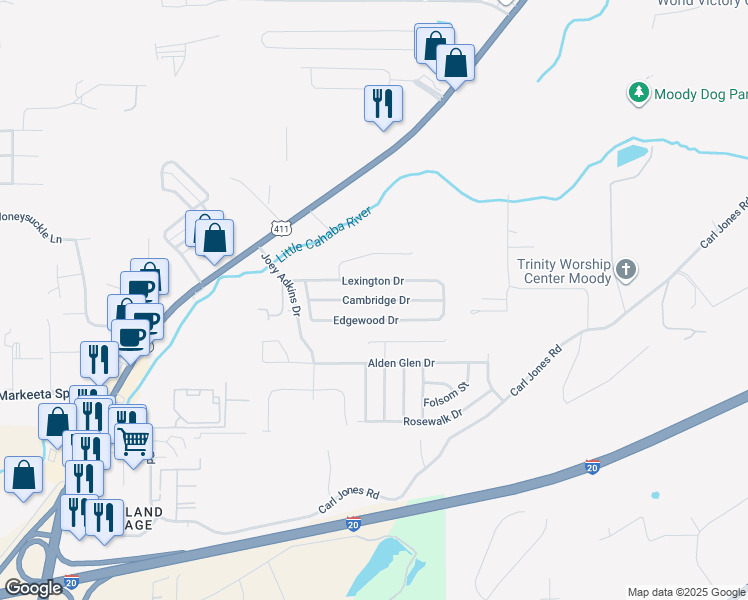 map of restaurants, bars, coffee shops, grocery stores, and more near Cambridge Drive in Moody