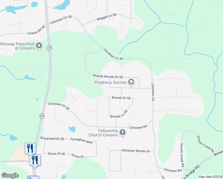 map of restaurants, bars, coffee shops, grocery stores, and more near 1879 Brandy Woods Trail Southeast in Conyers