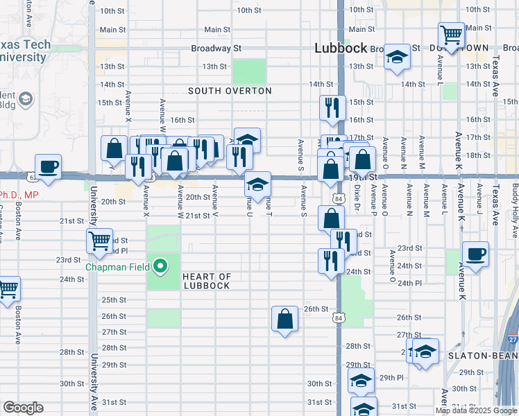 map of restaurants, bars, coffee shops, grocery stores, and more near 2008 Avenue T in Lubbock
