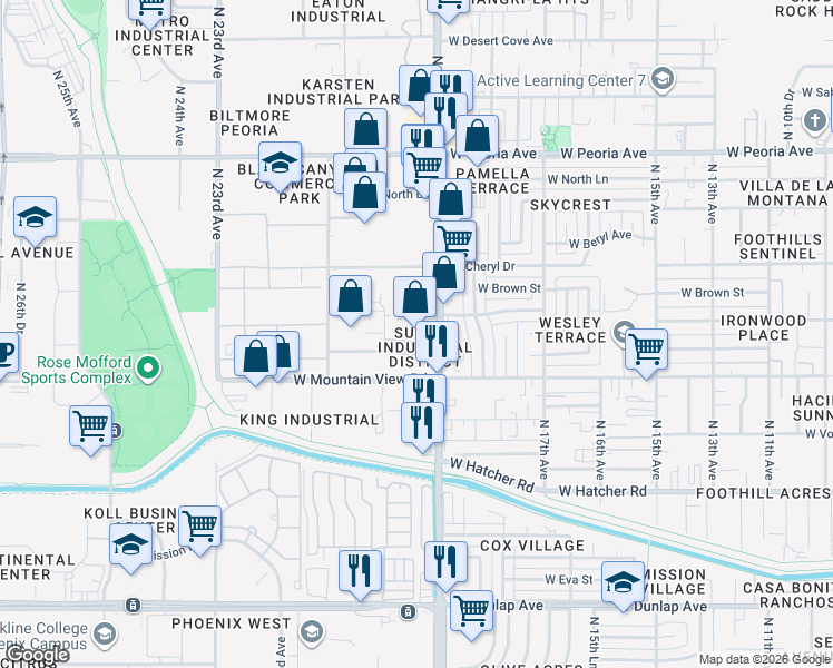 map of restaurants, bars, coffee shops, grocery stores, and more near 9838 North 19th Avenue in Phoenix
