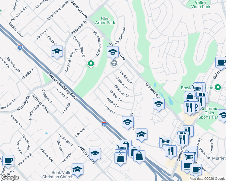 map of restaurants, bars, coffee shops, grocery stores, and more near 24030 Colmar Lane in Murrieta