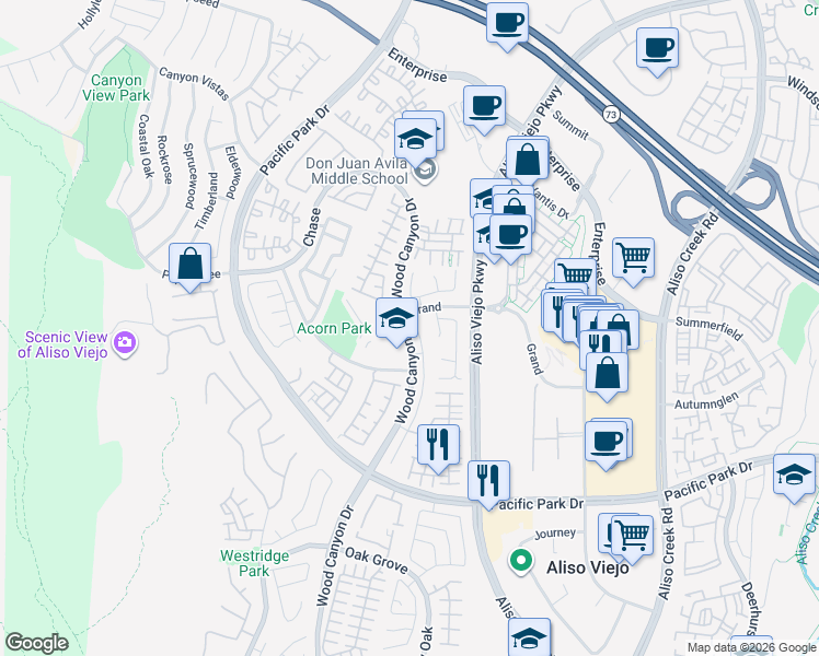 map of restaurants, bars, coffee shops, grocery stores, and more near 7 Plateau in Aliso Viejo