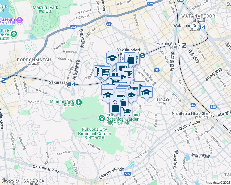 map of restaurants, bars, coffee shops, grocery stores, and more near  in Fukuoka