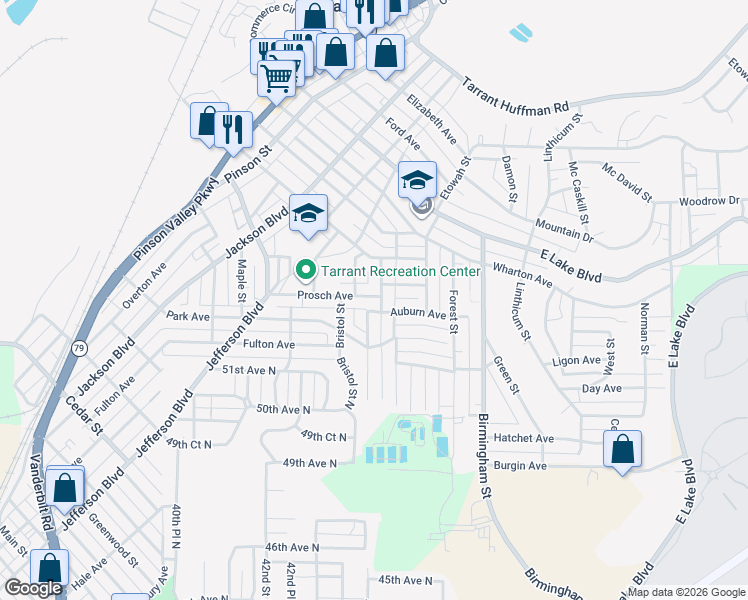 map of restaurants, bars, coffee shops, grocery stores, and more near 1160 Westley Street in Birmingham