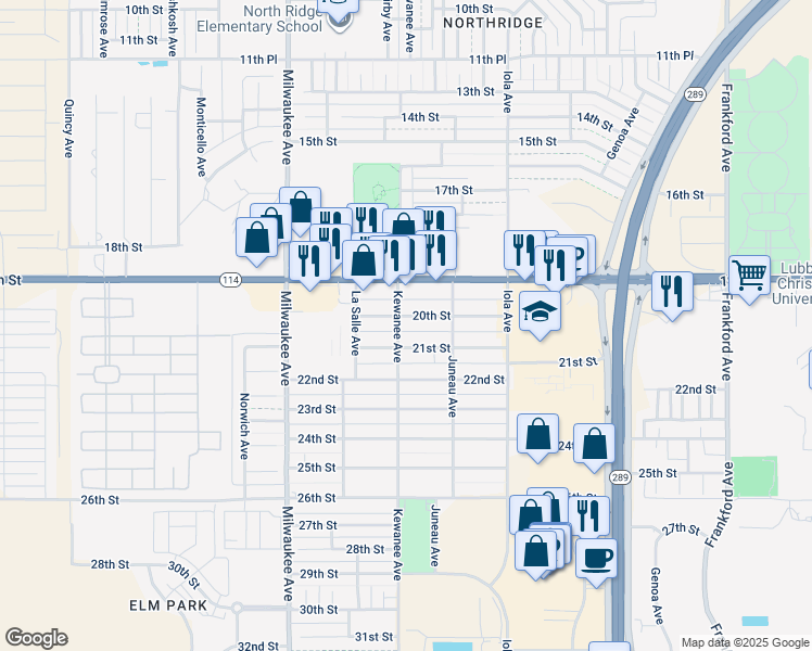 map of restaurants, bars, coffee shops, grocery stores, and more near 6218 21st Street in Lubbock