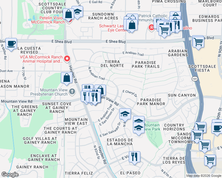 map of restaurants, bars, coffee shops, grocery stores, and more near 8320 East Thoroughbred Trail in Scottsdale