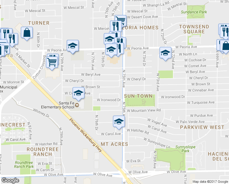 map of restaurants, bars, coffee shops, grocery stores, and more near 7519 West Cinnabar Avenue in Peoria