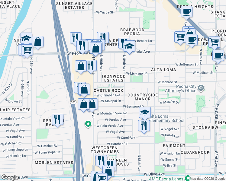 map of restaurants, bars, coffee shops, grocery stores, and more near 10101 North 91st Avenue in Peoria