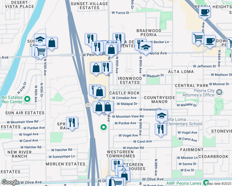 map of restaurants, bars, coffee shops, grocery stores, and more near 10101 North 91st Avenue in Peoria