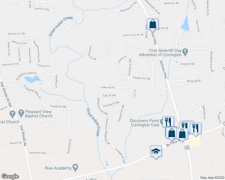 map of restaurants, bars, coffee shops, grocery stores, and more near 8168 Kirk Street Southwest in Covington